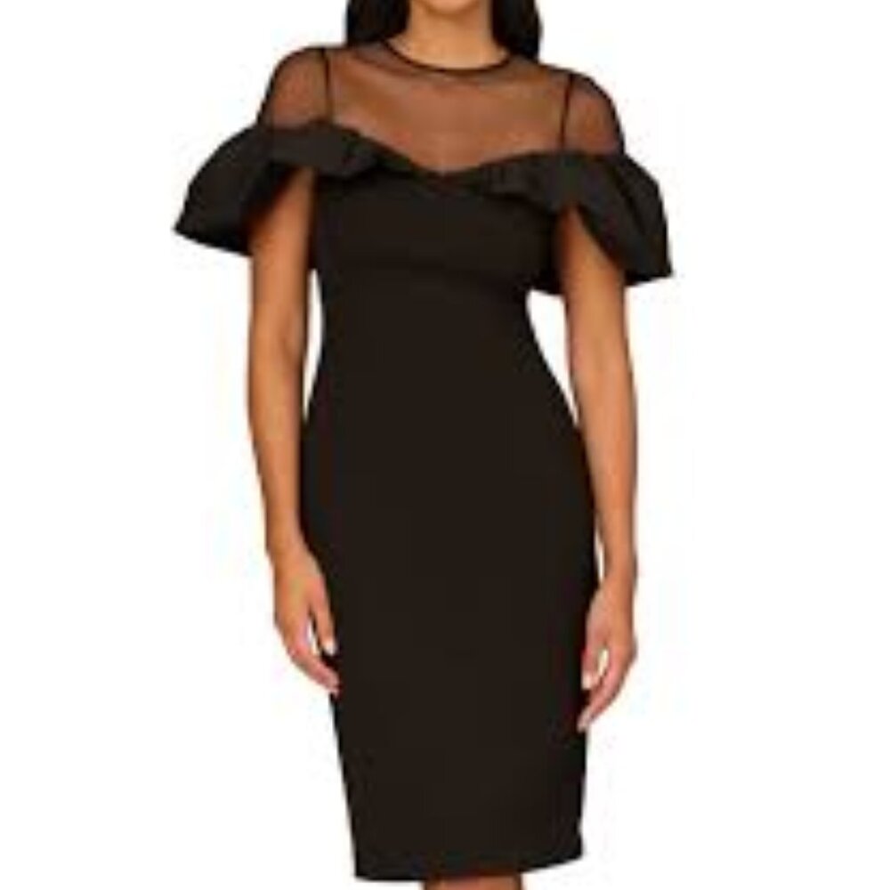 Aidan Mattox black bonded crepe illusion ruffle midi cocktail dress size 2